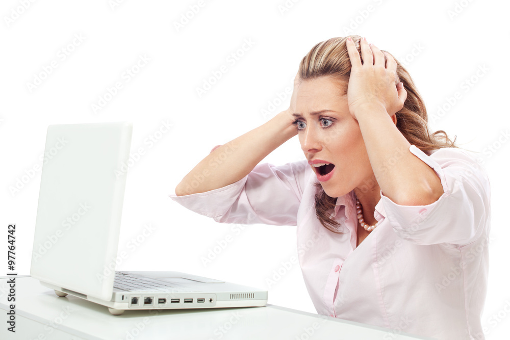Frustrated woman screaming. Too much work for one office worker Frustrated woman screaming. Too much work for one office worker