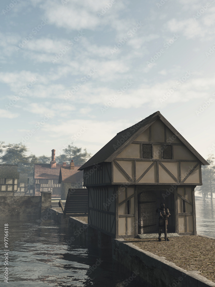 Medieval Knight on Guard at the Gatehouse - illustration Medieval Knight on Guard at the Gatehouse - illustration
