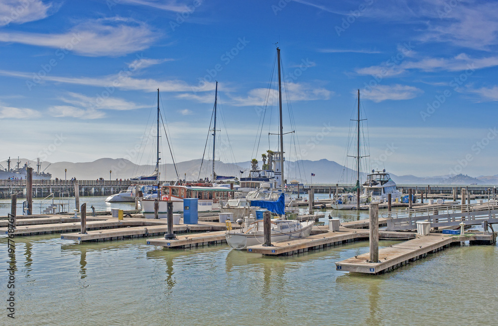 Colorful Sailing Boats at Fishermans Wharf of San-Francisco Bay