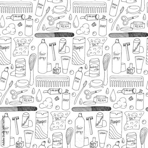 Bath accessories hand drawn seamless pattern