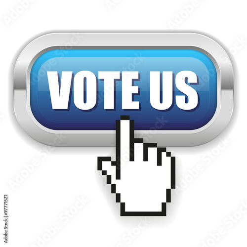 Blue vote us button with metal border and hand cursor 
