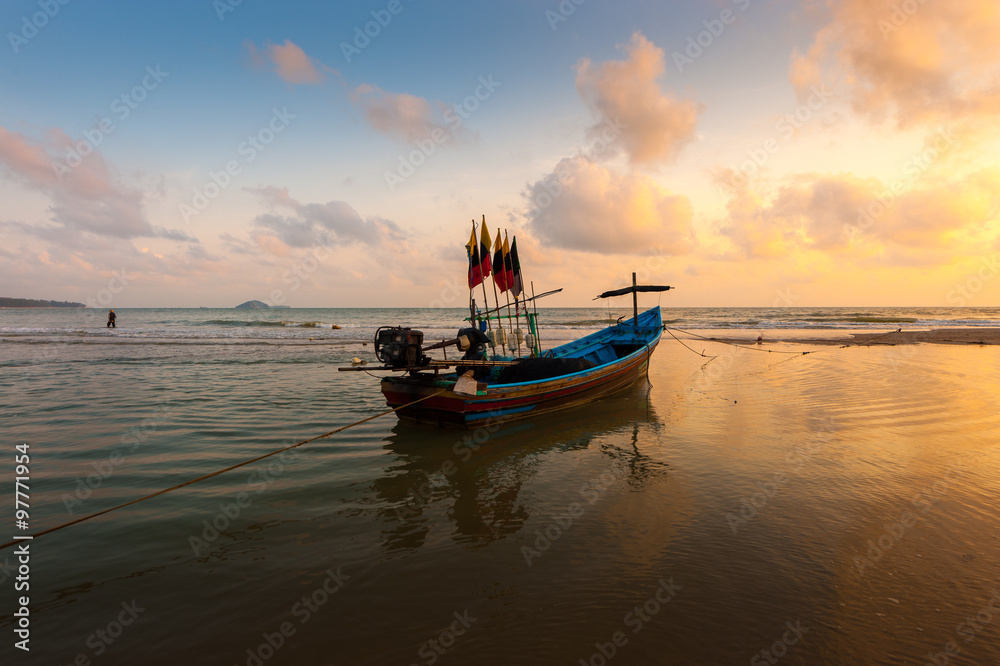 Landscape of Thailand Sea with Thai Southern Fishing Boat at Sunrise, Songkhla, Thailand