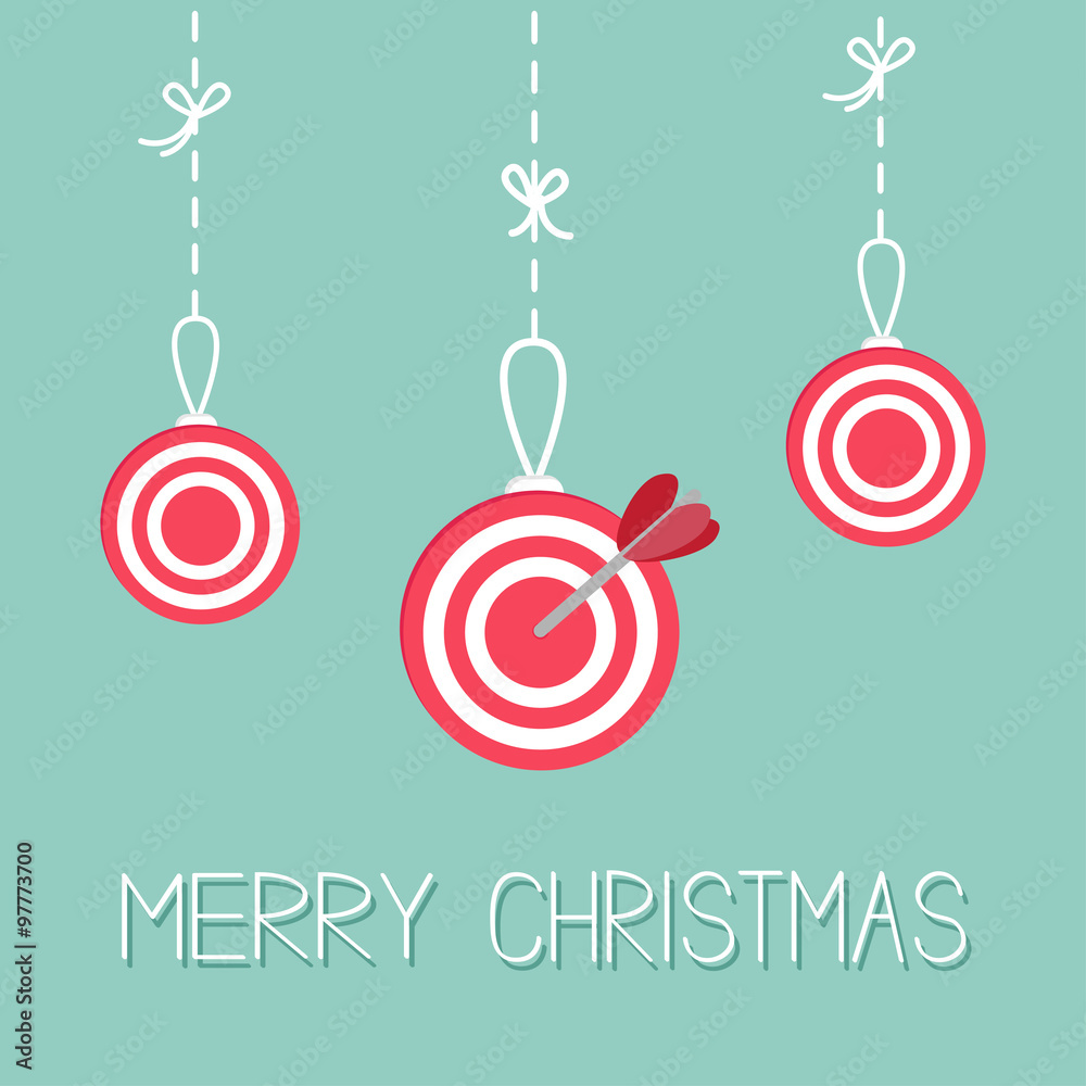 Red hanging christmas balls Target Dash line with bows. Flat design. Merry Christmas greeting card. Black background. Red hanging christmas balls Target Dash line with bows. Flat design. Merry Christmas greeting card. Black background.