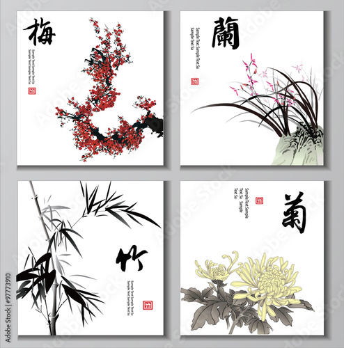 Chinese painting set. Chinese characters: cherry orchid bamboo mum