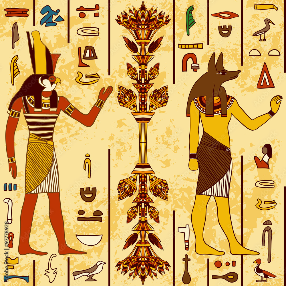 Seamless pattern with egyptian gods and ancient egyptian hieroglyphs on ...