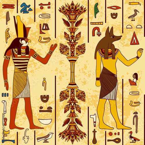 Seamless pattern with egyptian gods and  ancient egyptian hieroglyphs on grunge aged paper background. Retro hand drawn vector illustration
