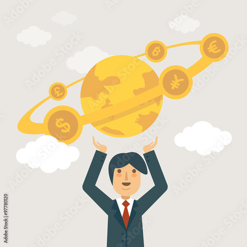 Businessman holding the world in his hands. World economy concept illustration.