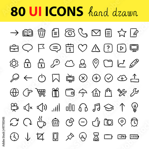 User interface icons. Vector hand drawn doodle icons for interface. Computer signs and symbols design elements.