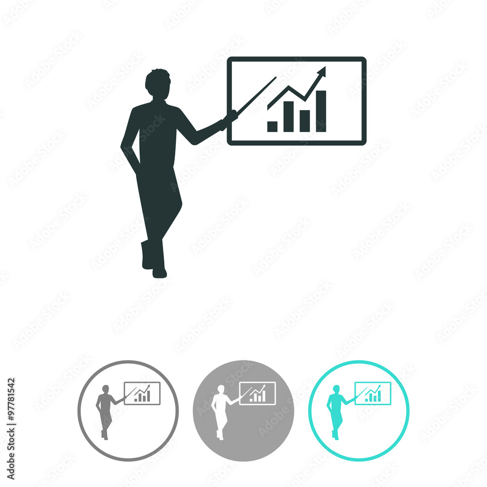 Man standing with pointer icon. Scheme and Diagram symbol. Presentation vector icon.