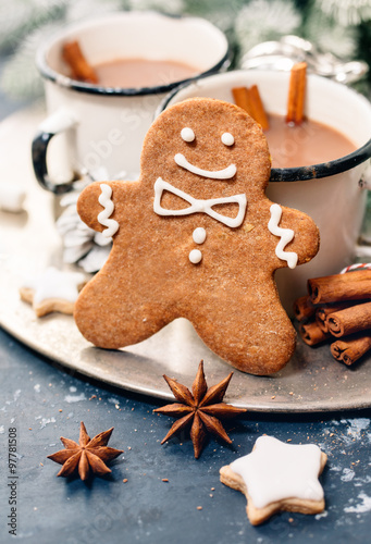 Christmas gingerbread man and hot chocolate