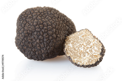 Black truffle and half isolated on white, clipping path included
