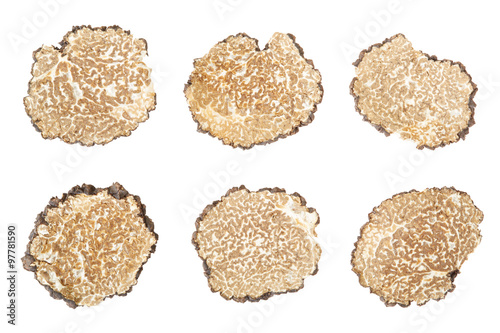 Black truffle slices collection isolated on white, clipping path