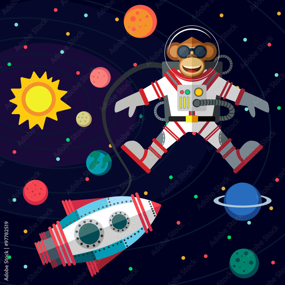 Fototapeta premium Monkey astronaut in outer space in flat style.