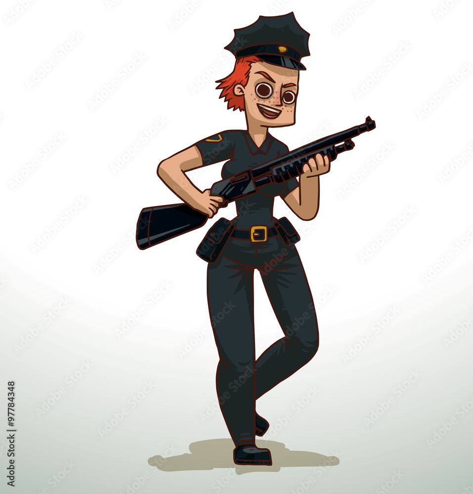 Vector cartoon image of a police woman with red hair in black pants, shirt, ,police hat, with gold badge on her chest, a black holster on belt and black shotgun in hands on a light background. Vector cartoon image of a police woman with red hair in black pants, shirt, ,police hat, with gold badge on her chest, a black holster on belt and black shotgun in hands on a light background.