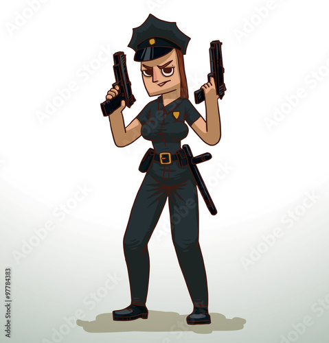 Vector cartoon image of a police woman with brown hair in black pants, shirt, police hat, with gold badge on her chest, black holster and baton on belt and two black guns in hands on light background.
