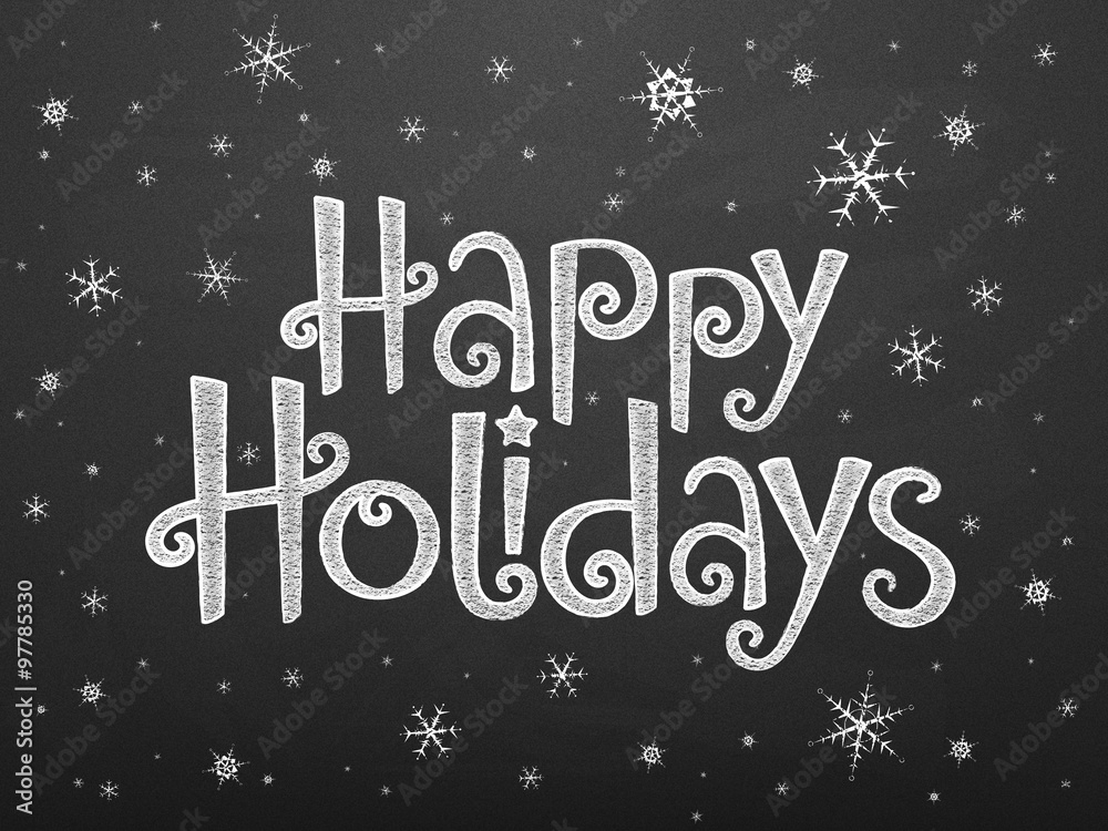 HAPPY HOLIDAYS in festive handdrawn font with falling snow on chalkboard
