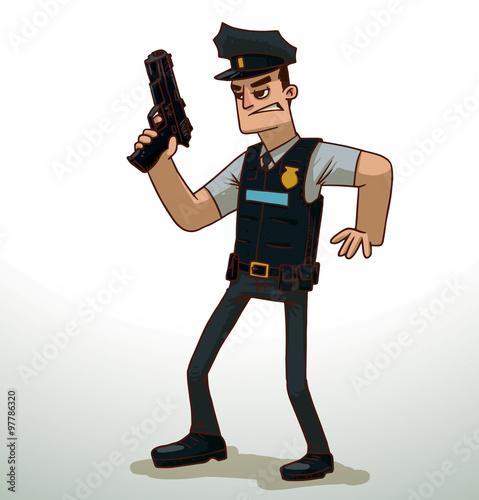 Vector cartoon image of a policeman in a white shirt, black pants, tie, bulletproof vest and a police hat, a black gun in his hand and a gold badge on his chest on a light background.