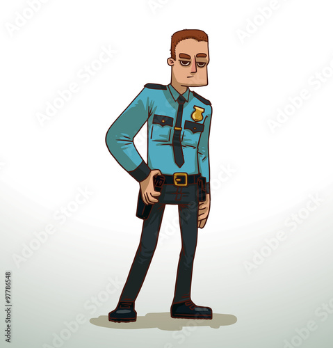 Vector cartoon image of a policeman with brown hair in a light blue shirt, black pants and tie, with a black holster on his belt and gold badge on his chest on a light background.