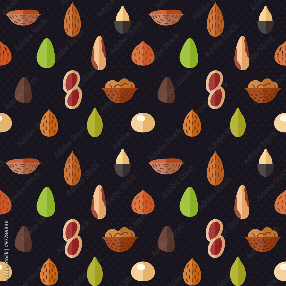 Nuts and seeds vector seamless pattern (part two). Modern flat design. Nuts and seeds vector seamless pattern (part two). Modern flat design.
