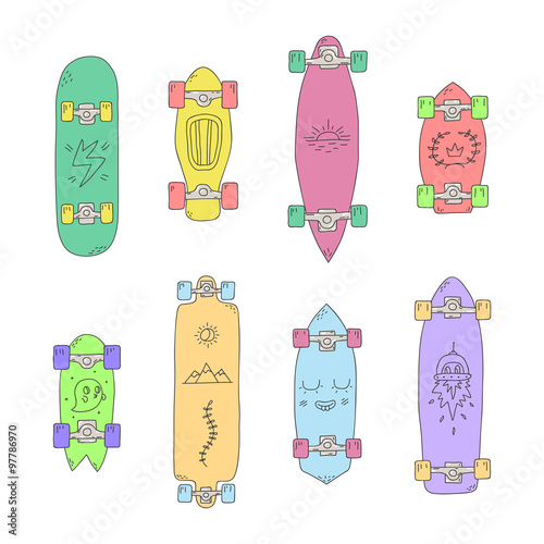 Skateboards and longboards vector set cartoon style. Colorful illustration.