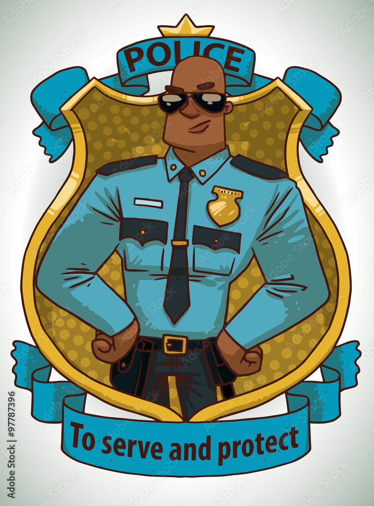 Vector frame in form of a yellow police badge with blue banners with cartoon  image of a big black bald policeman in sunglasses in the center on a light  background. Stock Vector |