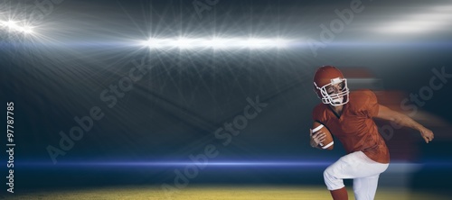 Composite image of rugby player holding the ball 
