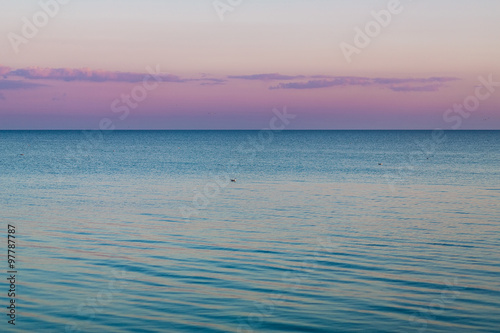 Idyllic calm sea horizon landscape with seagulls background