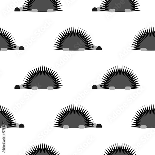 Seamless vector pattern with animals, black and white background with hedgehogs, over white backdrop.