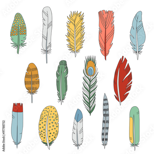 Feathers doodle multicolored icons vector set. © viktoriayams