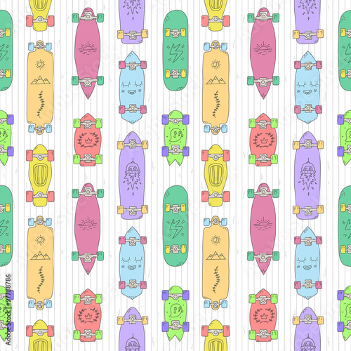 Skateboards and longboards cartoon style vector seamless pattern. Colorful illustration.