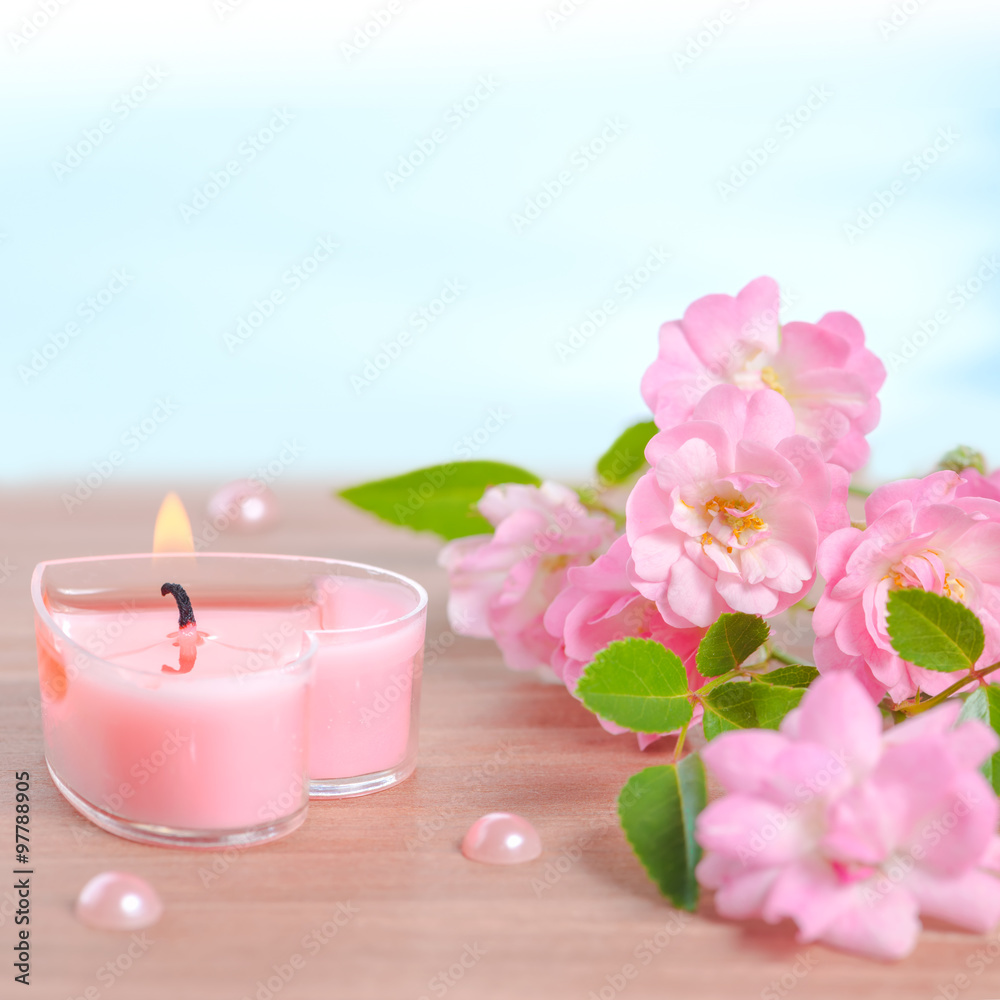 Valentine card of pink heart shaped candle, pearl beads and bouq Valentine card of pink heart shaped candle, pearl beads and bouq