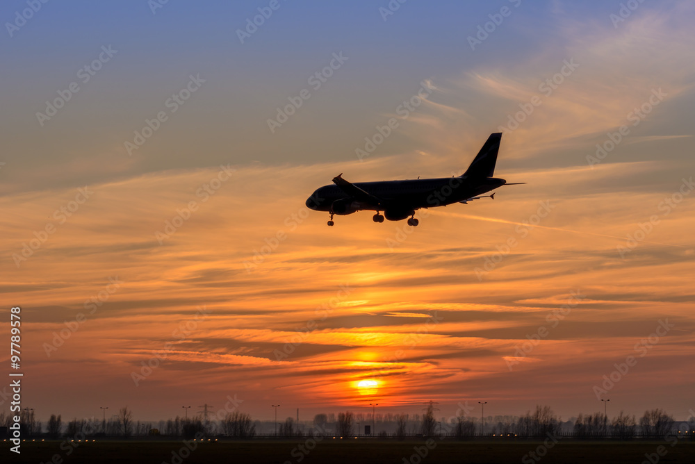 Fototapeta premium Airplane is landing at the runway during a beautiful sunset.