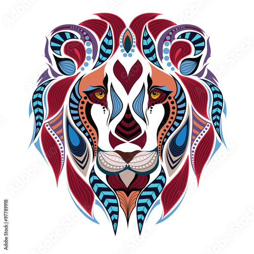 Fototapeta Naklejka Na Ścianę i Meble -  Patterned colored head of the lion. African / indian / totem / tattoo design. It may be used for design of a t-shirt, bag, postcard and poster.
