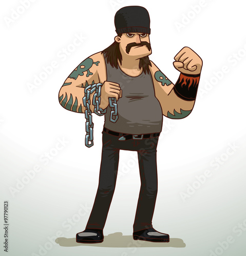 Vector cartoon image of a man criminal biker with tattoos with black hair and a mustache, wearing black pants, a gray shirt and a black hat with a gray metal chain in his hand on a light background.