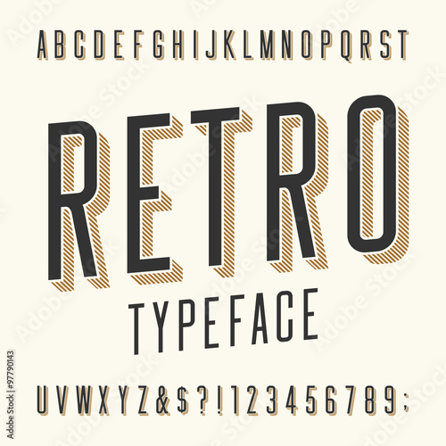 Retro typeface. Letters, numbers and symbols. Vintage alphabet vector font for labels, titles, posters etc.