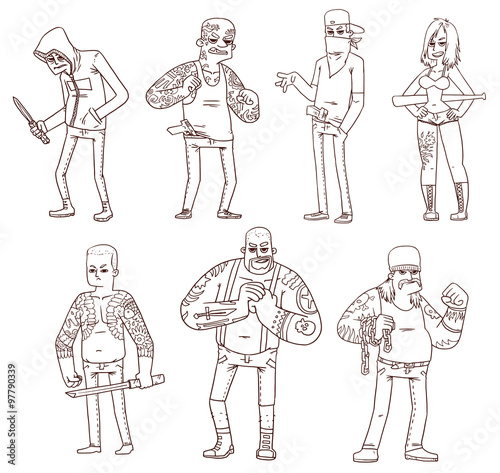 Vector Criminals set  line art. Line cartoon image of seven different criminals in various poses  with different weapons on a light background.