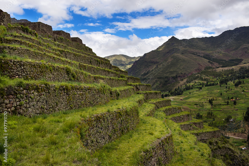 Old Inca built terraces near the ruins of Pisac, in the Sacred Valley, Peru