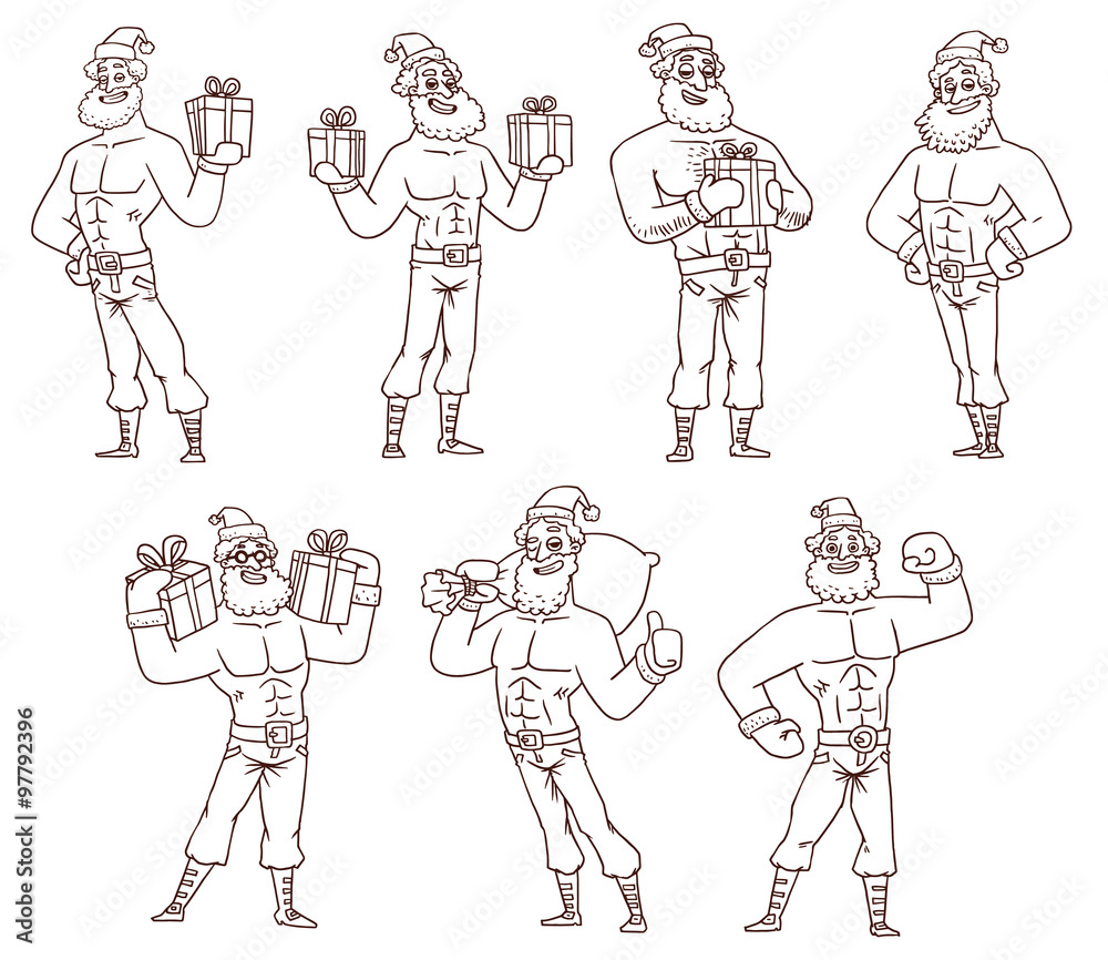 Vector Strong Santa Clauses set, line art. Line cartoon image of the seven strong Santa Clauses in various poses on a light background.