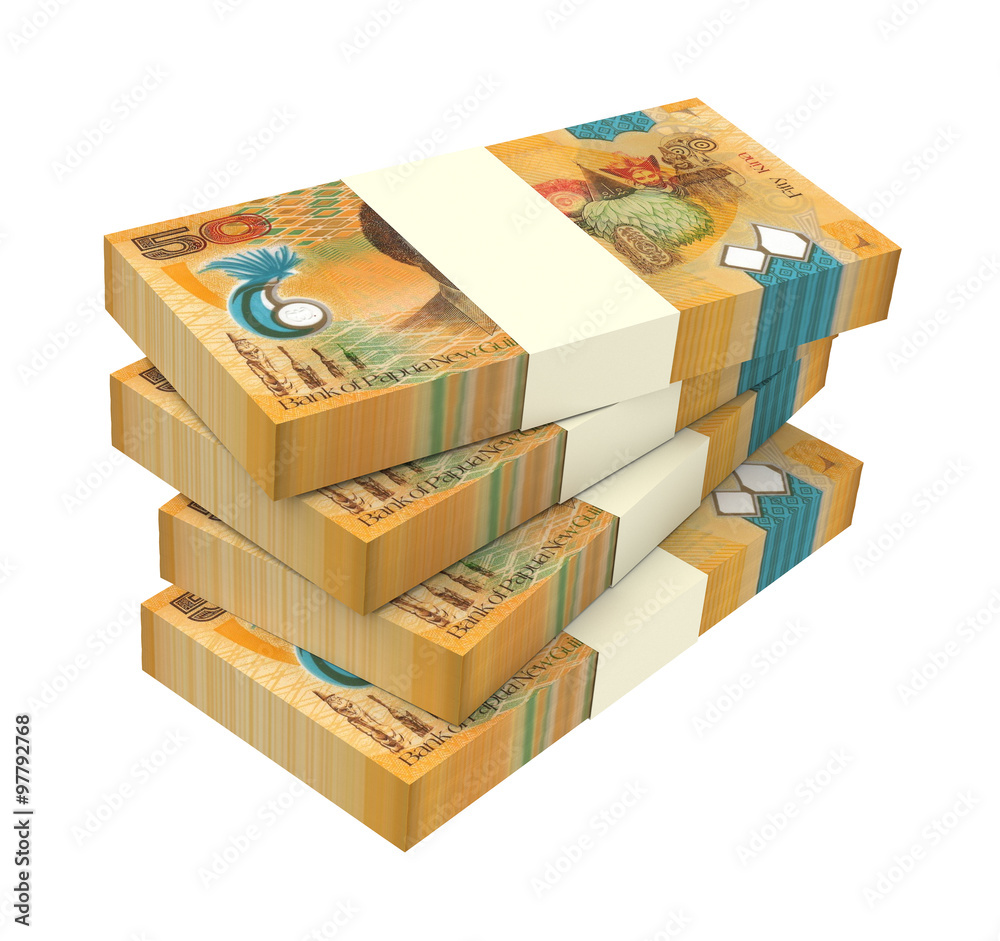 Papua New Guinean kina bills isolated on white background. Computer generated 3D photo rendering. Papua New Guinean kina bills isolated on white background. Computer generated 3D photo rendering.