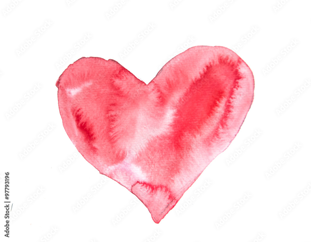 Red heart on white, watercolor painting