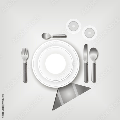 Plato, vaso y cubiertos con detalles en color gris. Ilustración vectorial