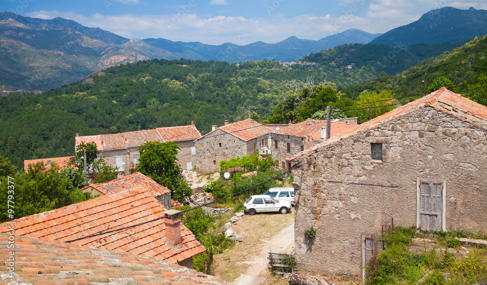 Rural landscape of Corsica, old living houses