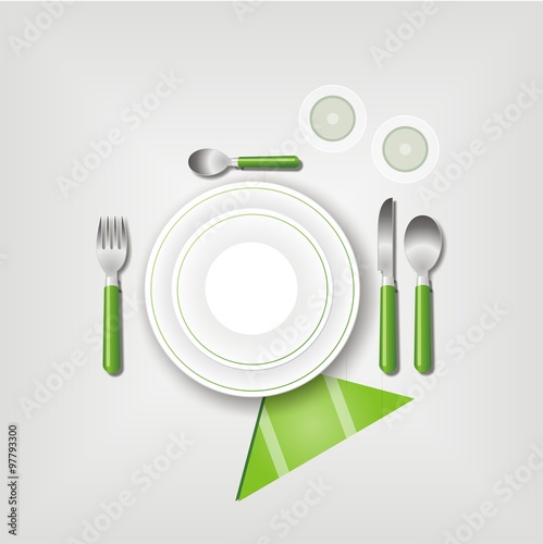 Plato, vaso y cubiertos con detalles en color verde. Ilustración vectorial