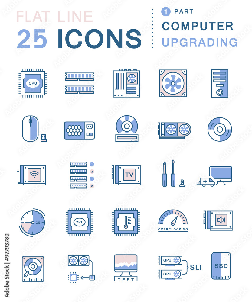 Set Vector Flat Line Icons Upgrading Computer Set Vector Flat Line Icons Upgrading Computer
