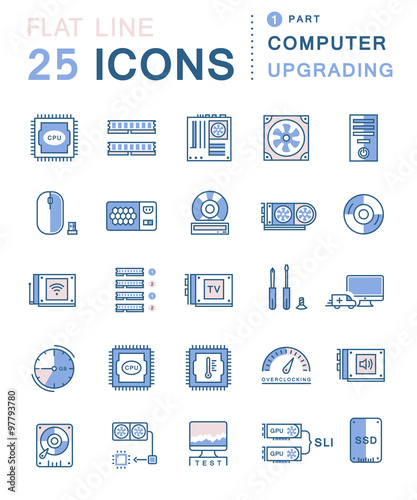 Fotografie Set Vector Flat Line Icons Upgrading Computer