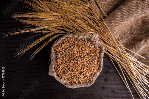 Зерна пшеницы в мешке с колосками на темном фоне