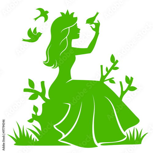 silhouette of a princess sitting in the forest and playing with the birds #97794346