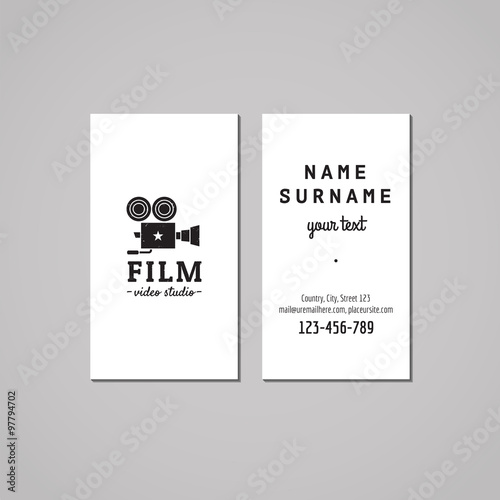 Film, movie and video business card design concept. Film, movie and video logo with retro video camera. Vintage, hipster and retro style. Black and white.