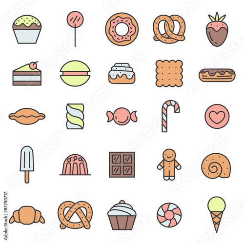 Sweets outline multicolored icons vector set. Modern minimalistic design.