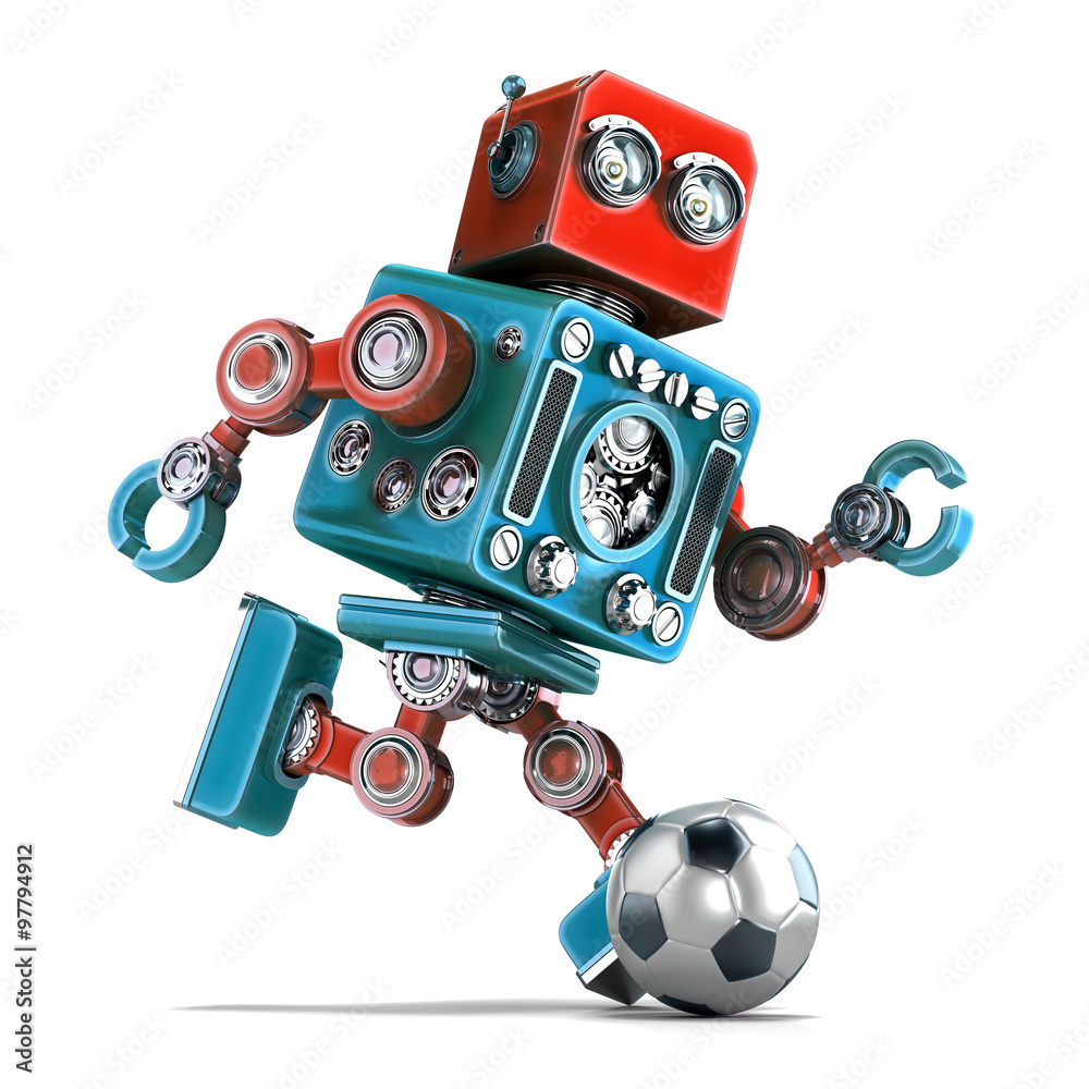 Fototapeta premium Retro robot playing soccer. Isolated. Contains clipping path.